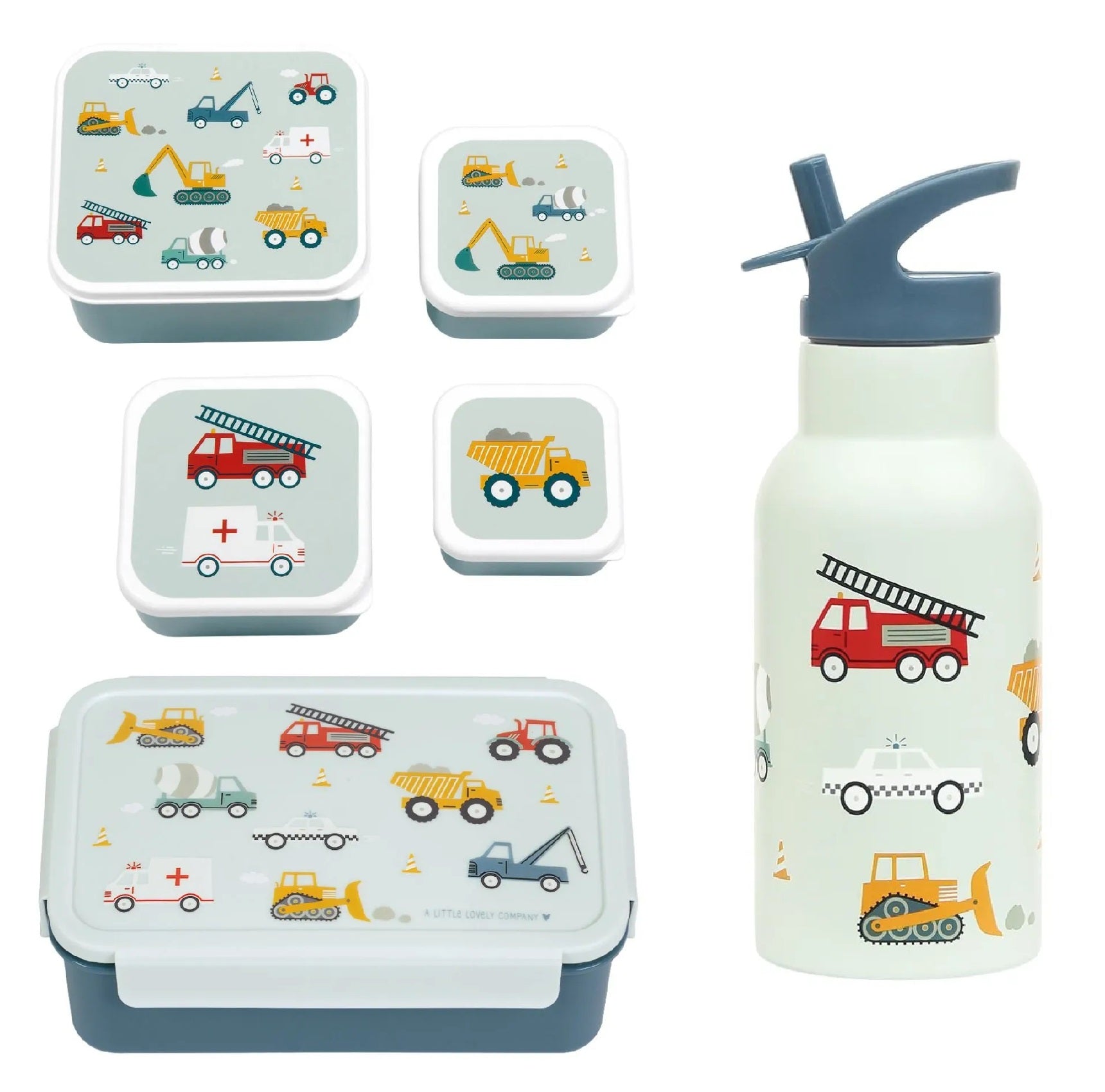 Bundel A Little Lovely Company Back to school set - Drinkfles RVS/4 Snackdozen/Bentobox - Voertuigen