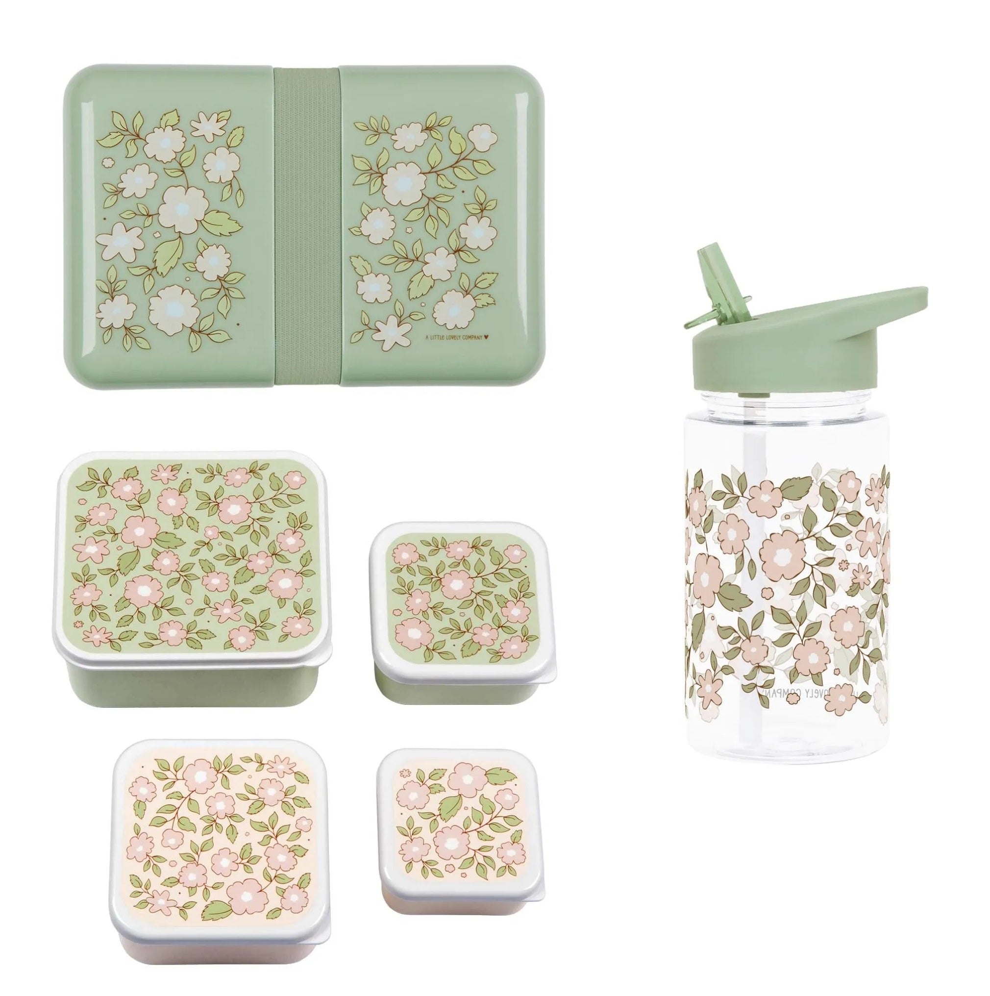 Bundel A Little Lovely Company Back to school set - Drinkfles/4 Snackdozen/Lunchbox - Bloesems Saliegroen