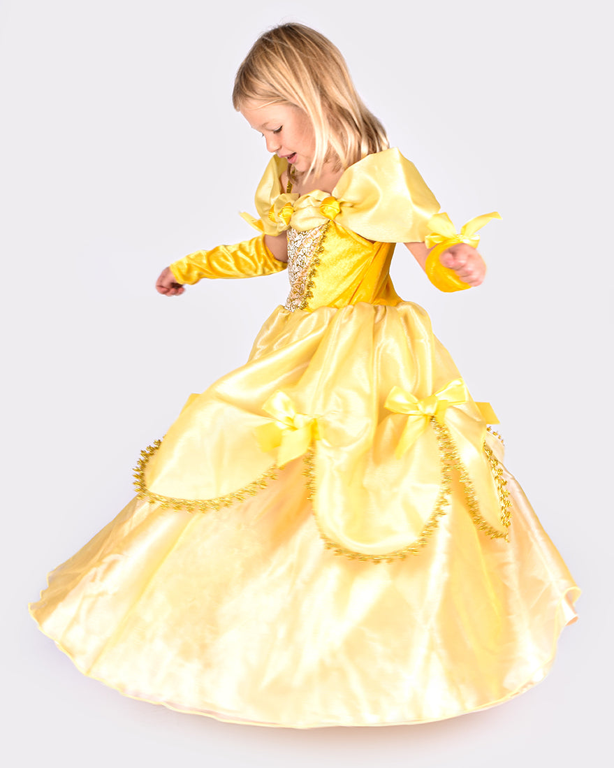 Den Goda Fen Verkleedkledij Belle - Jurk met arm handschoenen - 122-128cm - 6-8 jaar - Geel