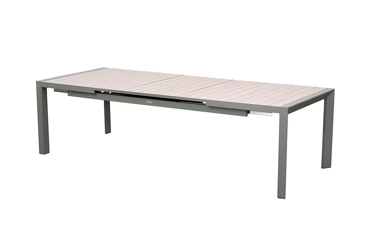 Hespéride automatisch ausziehbarer Tisch Evasion – 214 x 110 x H77 cm – 10 Personen – Aluminium mit Relief in Holzoptik – Leinen-Lorbeer