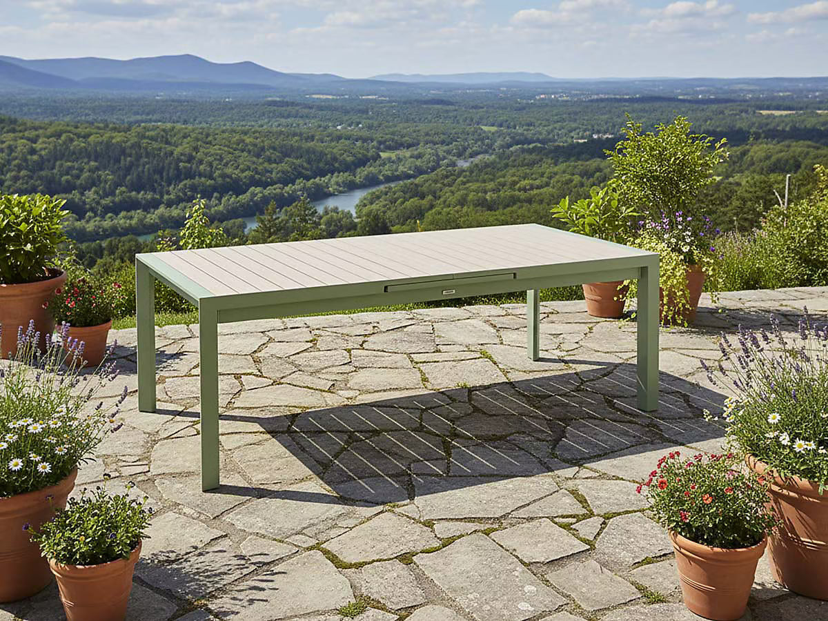 Hespéride automatisch ausziehbarer Tisch Evasion – 214 x 110 x H77 cm – 10 Personen – Aluminium mit Relief in Holzoptik – Leinen-Lorbeer
