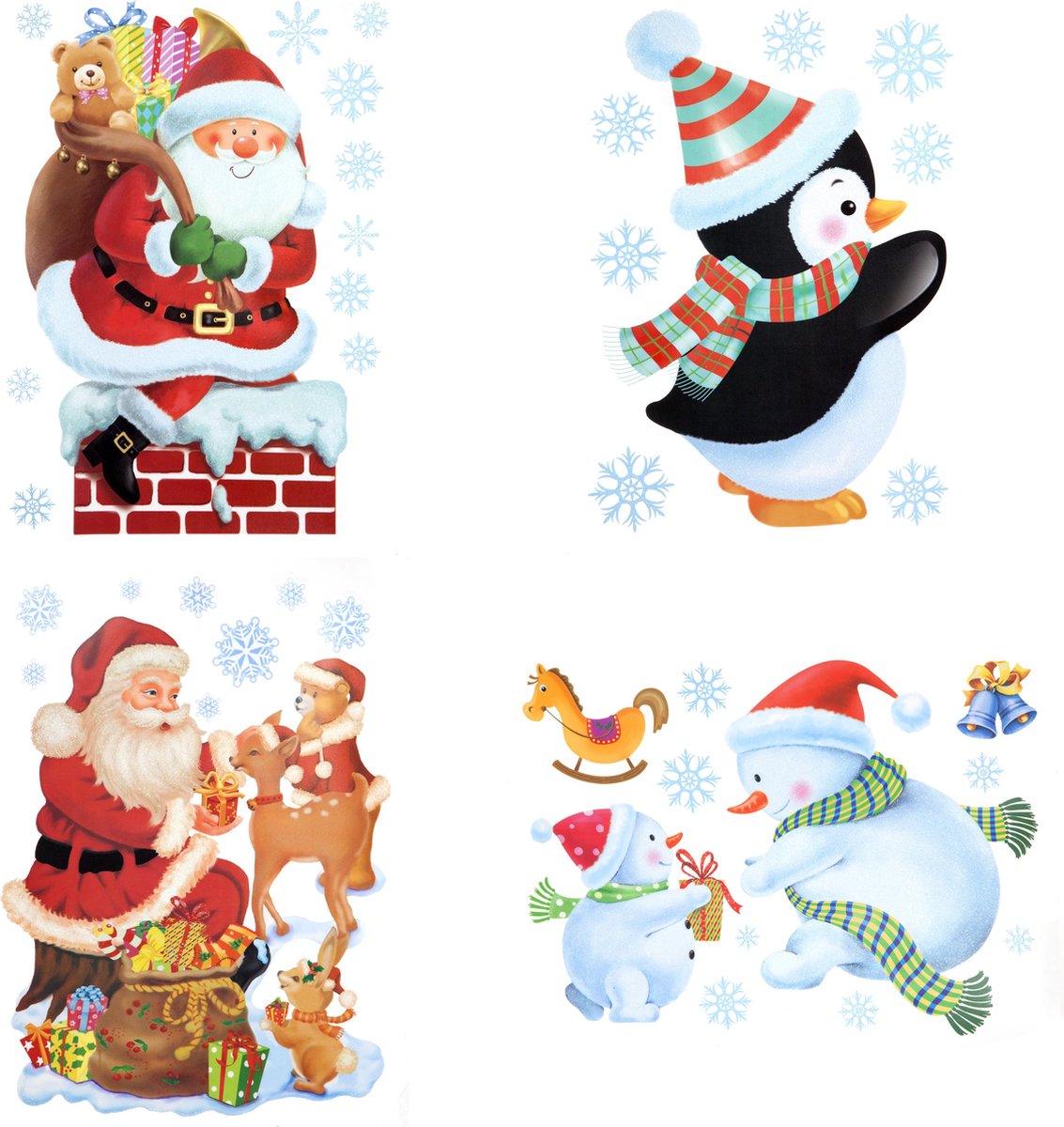 Lot de 4 stickers fenêtre pailletés Noël - Décoration fenêtre - Stickers - Père Noël - Bonhomme de neige - Pingouin - 29,5 x 40 cm