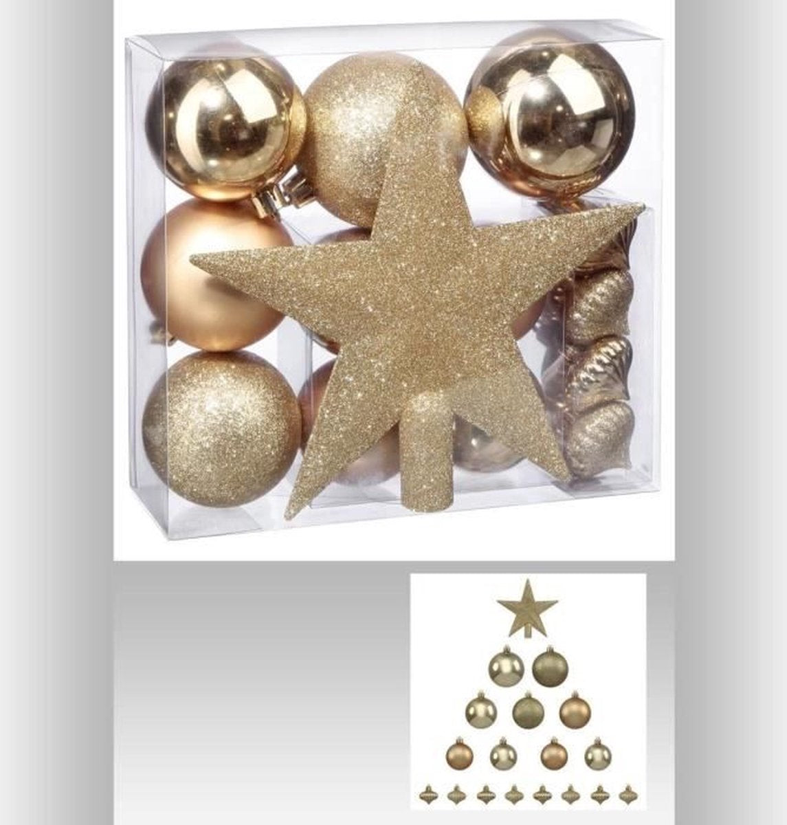 Set de boules de Noël 18 pièces avec étoile de Noël dorée - 18 pièces - Boule de Noël - Étoile de Noël - Décorations de Noël - Couleur or