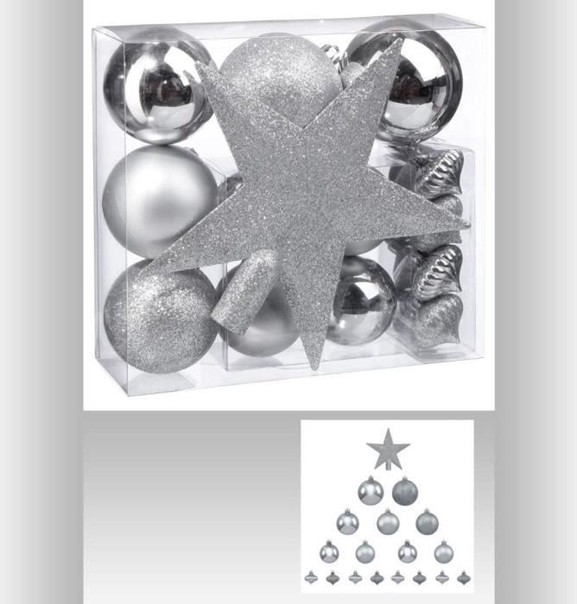 Set de boules de Noël 18 pièces avec étoile de Noël argent - 18 pièces - Boule de Noël - Étoile de Noël - Décorations de Noël - Argent