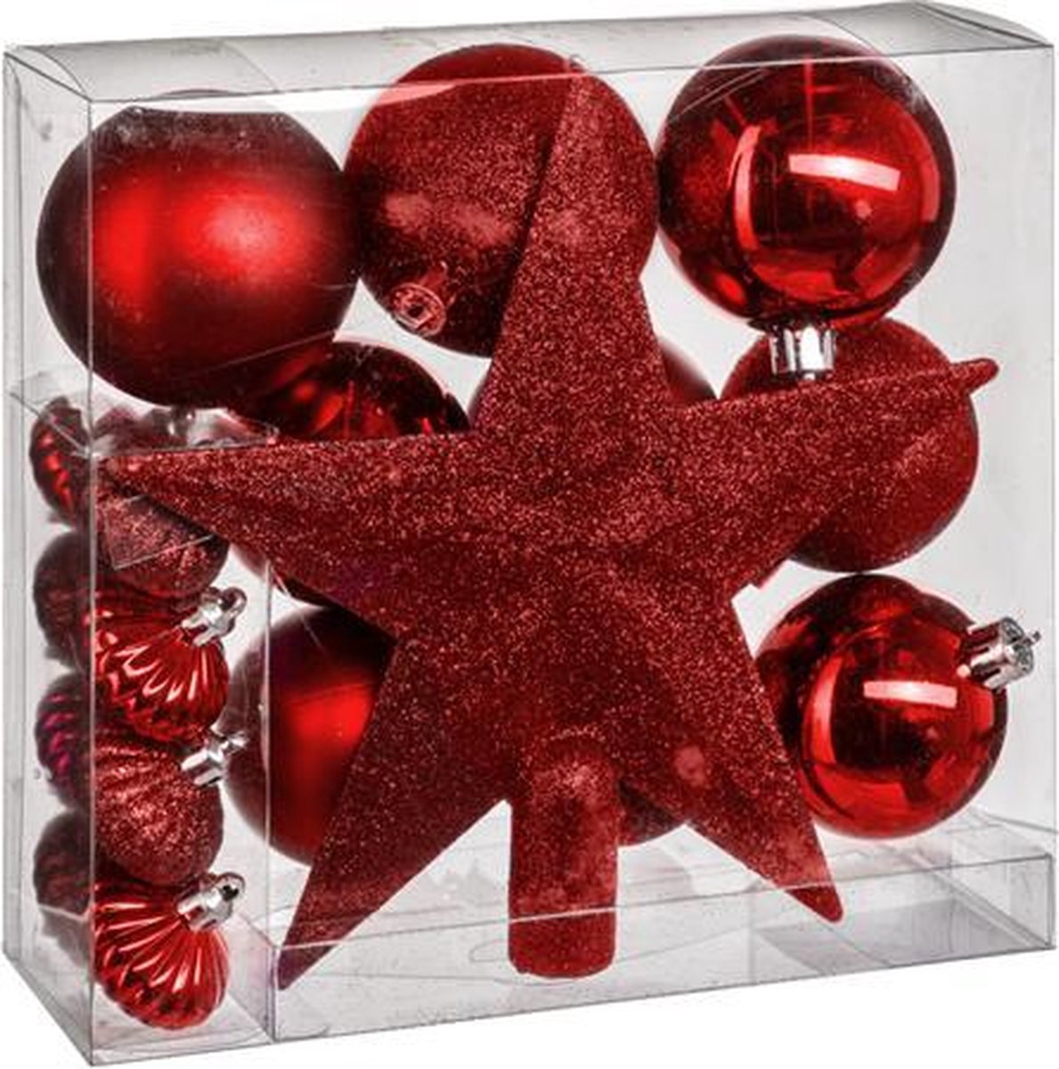 Kerstballenset 18 delig met kerstster rood - 18 stuks - Kerstbal - Kerstster - Kerstversiering - Roodkleurig