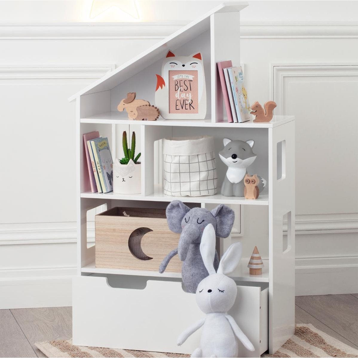 Atmosphera Kids opberg kast met kist op wielen - Vorm van een poppenhuis - Wit