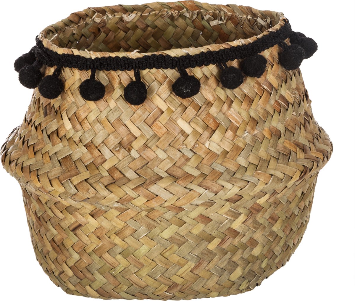 Atmosphera Wicker storage basket black pom pom - Flowerpot - Seagrass - D 16 cm