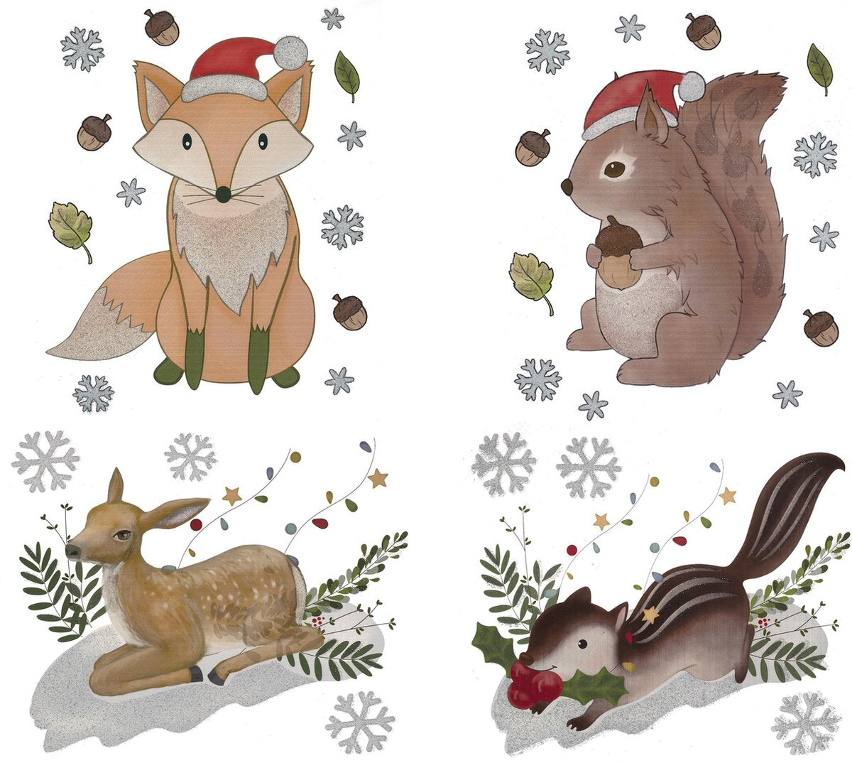 Lot de 4 autocollants de fenêtre Animaux de Noël - Noël - Décoration de fenêtre - Décoration de fête - 28 x 34 cm