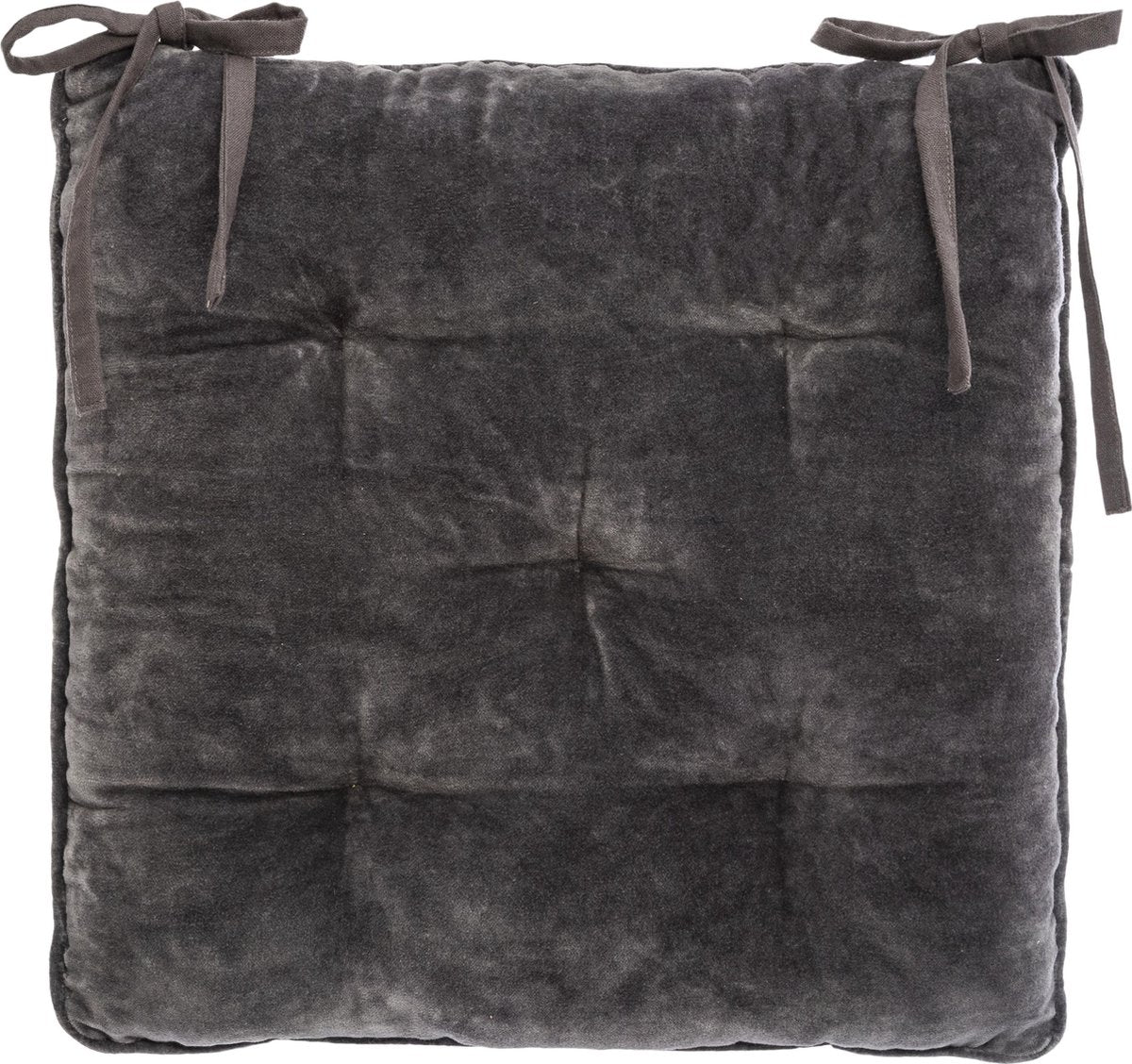Atmosphera Deluxe Coussin de Chaise Velours 38x38x8cm avec rubans - Gris Foncé