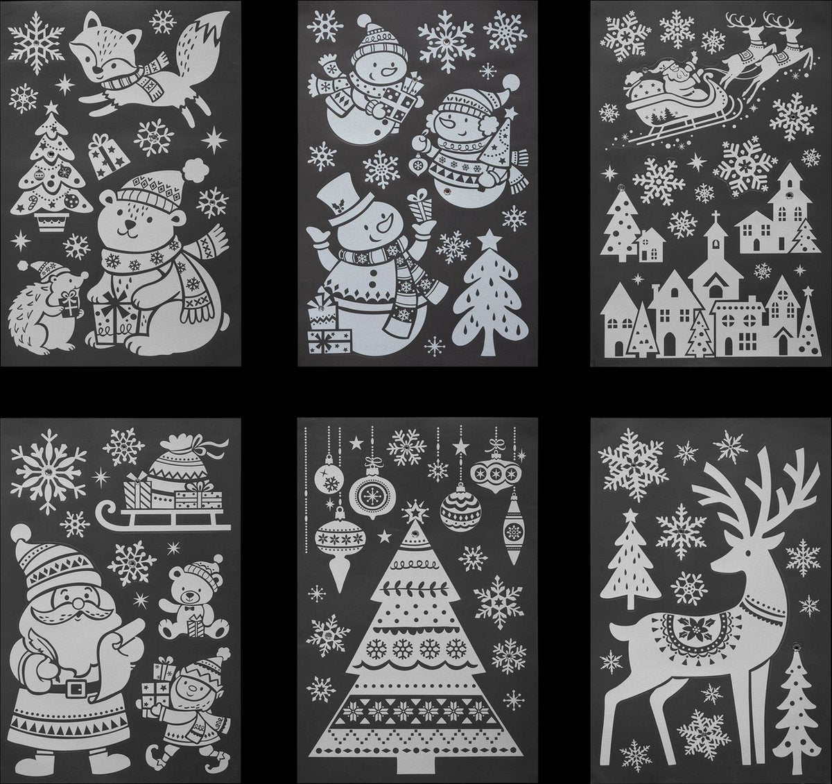 Autocollants de Noël Lot de 4 autocollants de fenêtre pailletés - 4 feuilles - Père Noël - Bonhomme de neige - 32 x 50 cm - Décoration de fenêtre - Autocollants