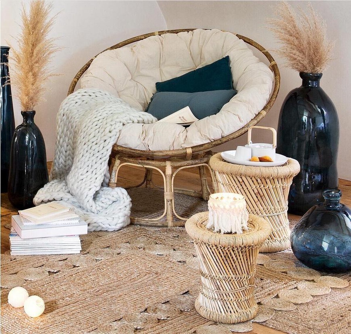 Bijzettafel Set Van 2 Naturel Bamboe | Boho Salontafel | Bohemian Bijzettafeltjes | Tafeltjes van Bamboe en Hennep