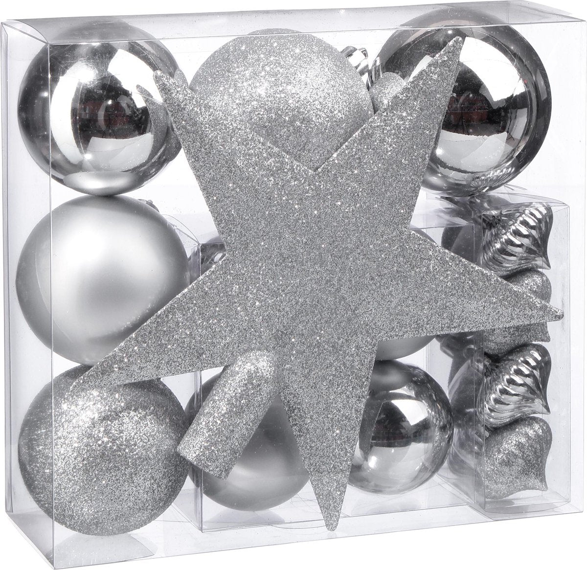 Set de boules de Noël 18 pièces avec étoile de Noël argent - 18 pièces - Boule de Noël - Étoile de Noël - Décorations de Noël - Argent