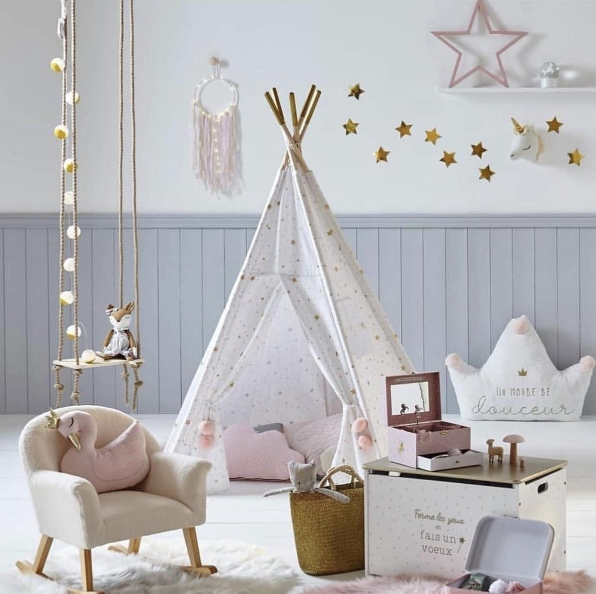 Atmosphera Kids Tipi tipi wigwam white with gold and pink stars - Play tent - Height 160 cm - Cotton