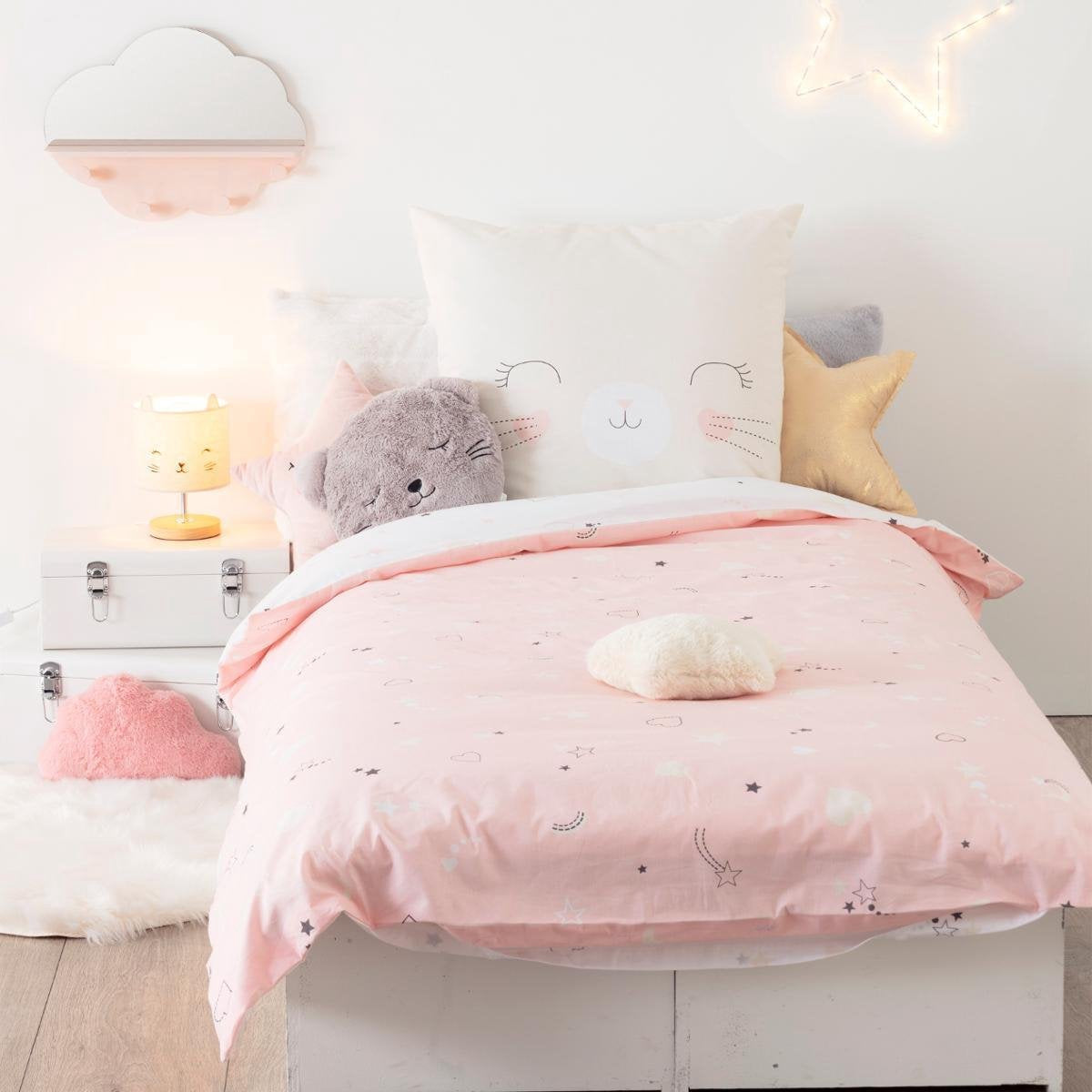 Atmosphera Kids Parure de couette et 1 taie d'oreiller 140x200cm/65x65cm Chat