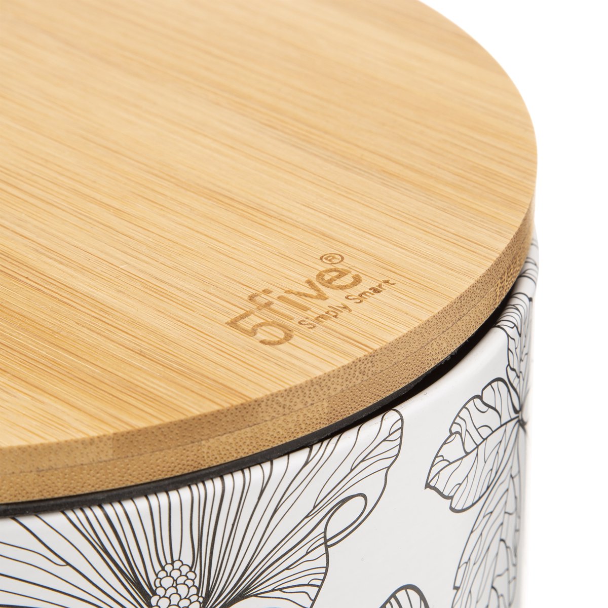 5Five Stylish &amp; Compact Waste Bin 3L with Bamboo Lid - Soft Close - Black Flora