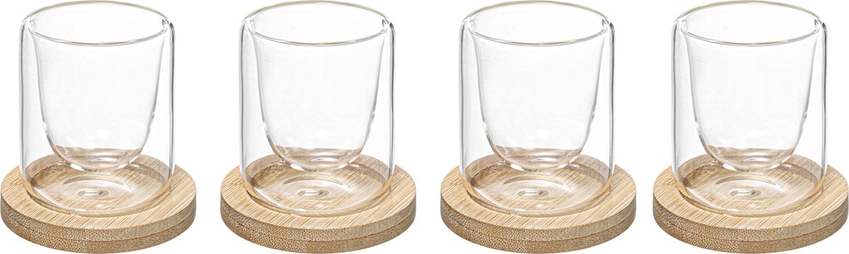 Secret de gourmet espresso kopjes set 4 stuks met onderzetter van bamboe - dubbelwandig - 8 cl - In cadeaudoosje