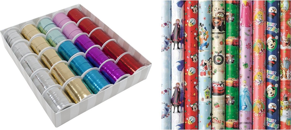 Kerst Cadeaupapier 200 x 70cm + 5 x sierlint - Disney Assortiment - Inpak set - 5 rollen