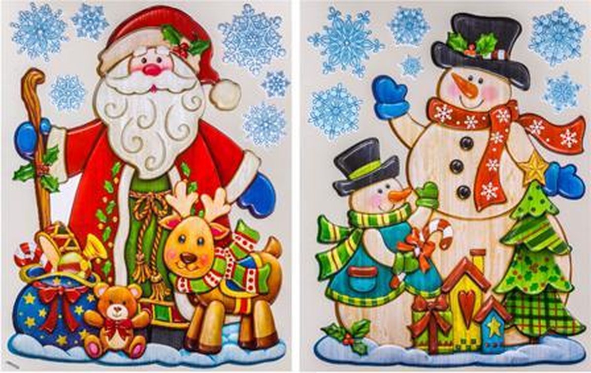 Autocollants de Noël Lot de 2 autocollants de fenêtre effet bois - Père Noël - Bonhomme de neige - 27 x 35 cm - Décoration de fenêtre - Autocollants