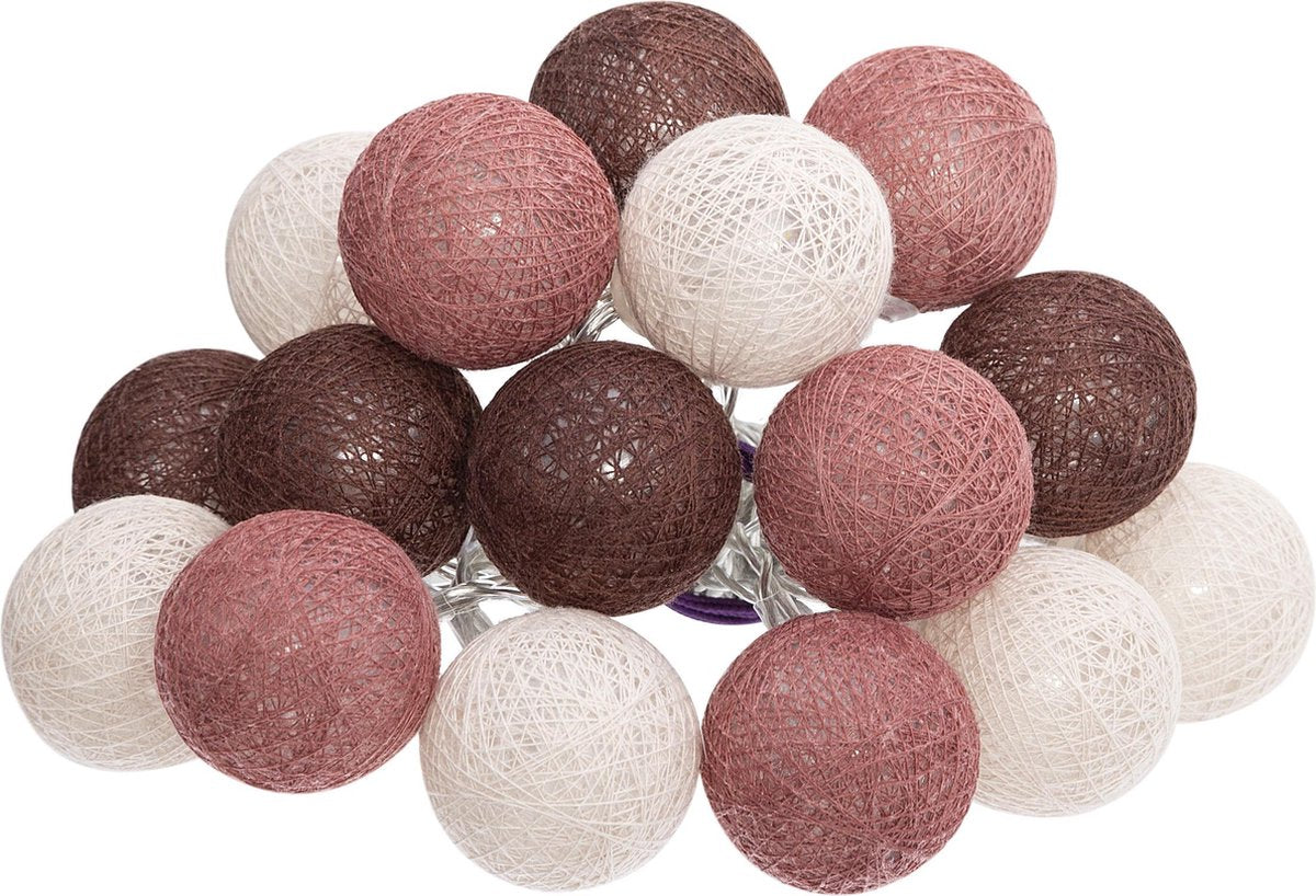Atmosphera LED Lichtslinger Land balletjes aubergine / donkerroze - Lichtslingers katoen - Cotton ball - 16 Ballen - Dia 3.5 cm - Guirlande