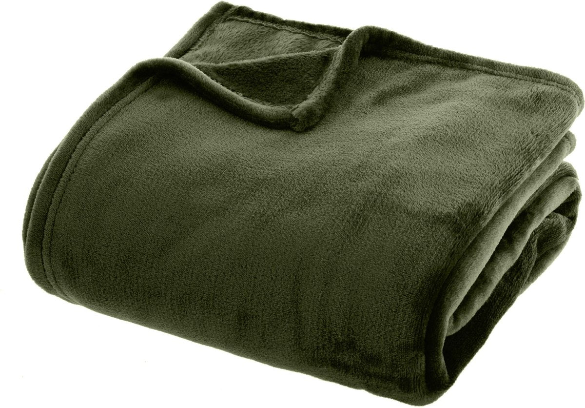 Atmosphera Plaid effen flanel fleece deken - 180x230 cm - Kaki