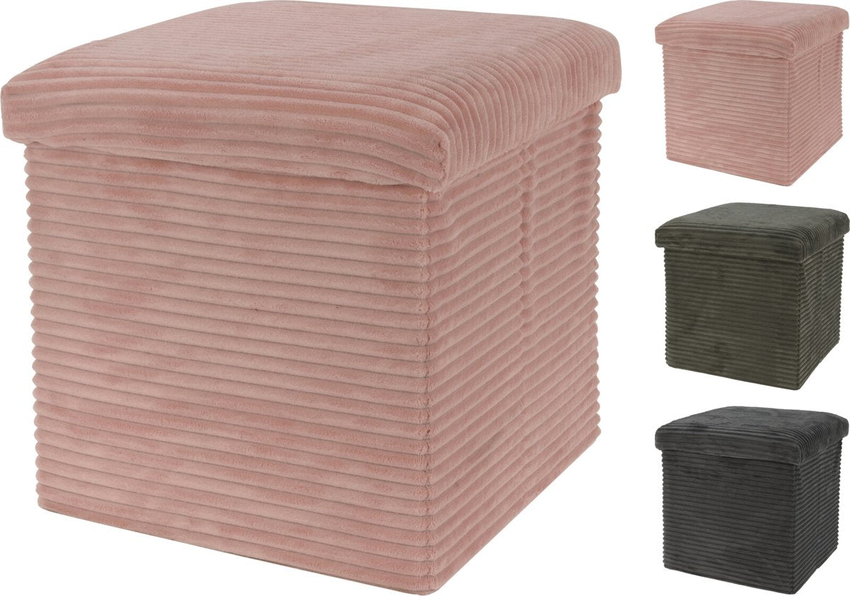 Home & Styling Corduroy Poef met Opbergruimte - Donkergrijs - 38x38x38cm
