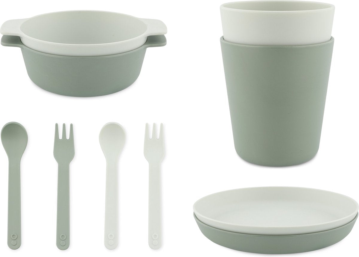 Trixie PLA Olive Dining Set - 2 tasses - 2 bols - 2 assiettes - 2 fourchettes - 2 cuillères