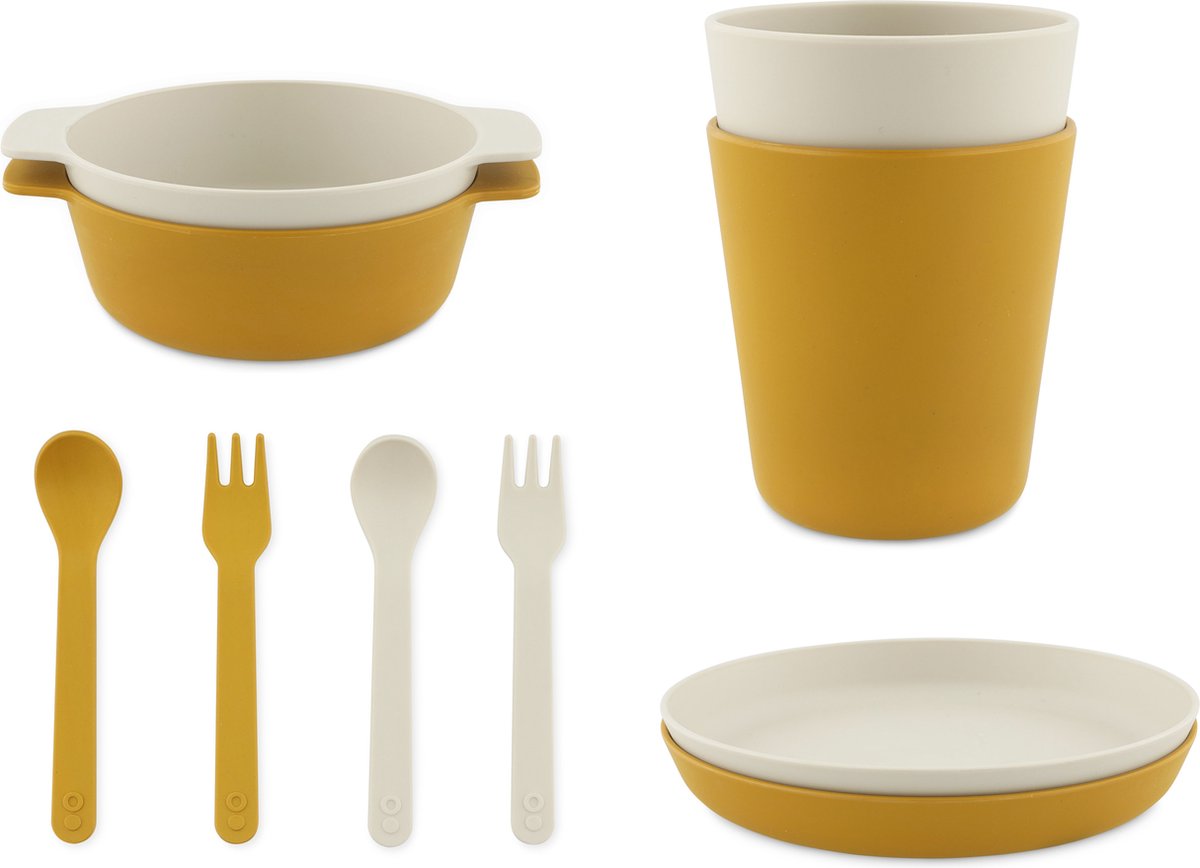 Trixie Dining Set PLA Moutarde - 2 tasses - 2 bols - 2 assiettes - 2 fourchettes - 2 cuillères