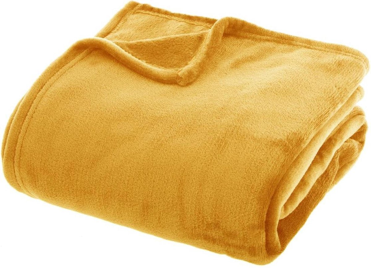 Atmosphera Plaid effen flanel fleece deken - 180x230 cm - Oker