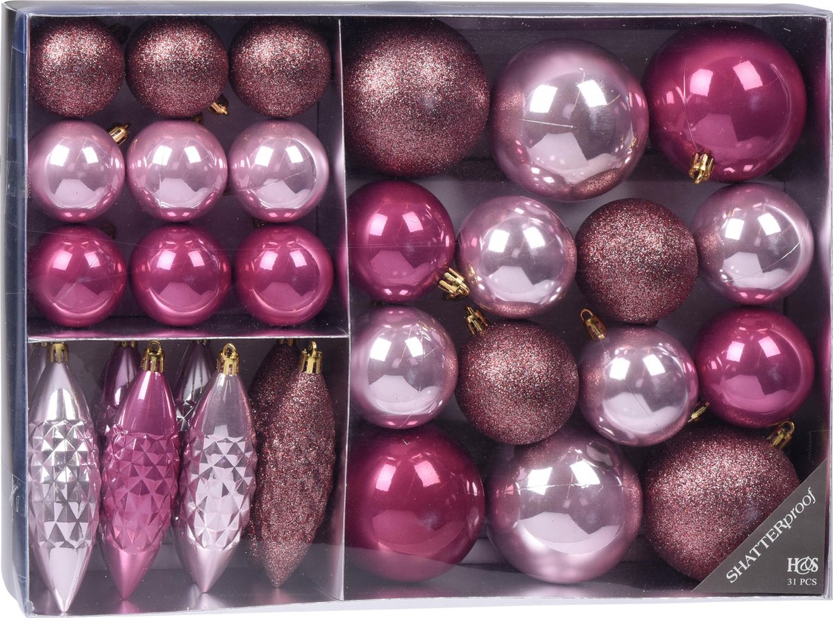 Kerstballenset 31 delig Roze - 31 stuks - Kerstbal - Kerstversiering
