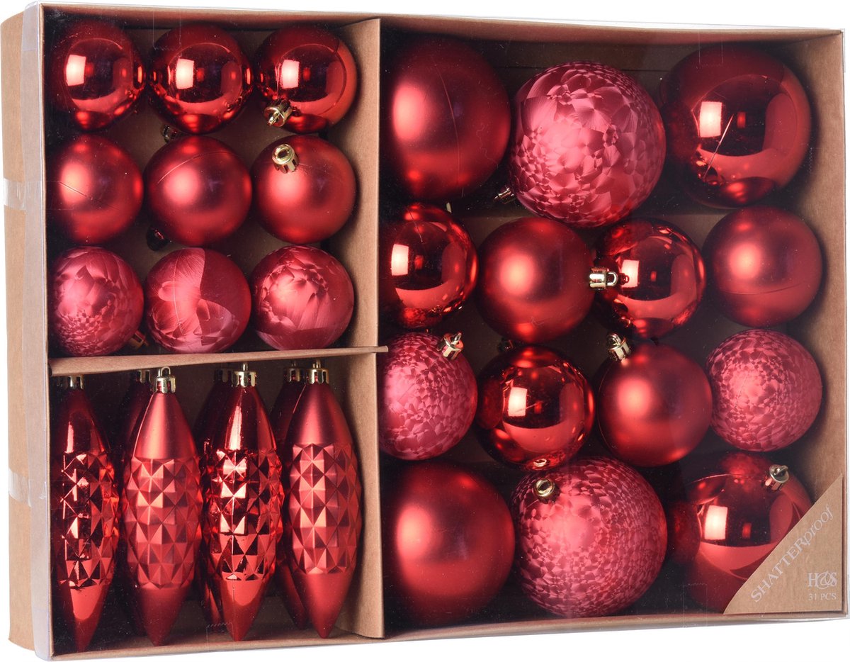 Kerstballenset 31 delig Rood - 31 stuks - Kerstbal - Kerstversiering