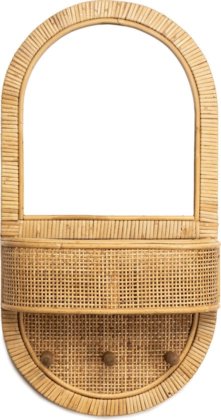 Support mural en rotin KidsDepot avec miroir - Porte-manteaux - rotin - 32 centimètres x 10 centimètres x 60 centimètres