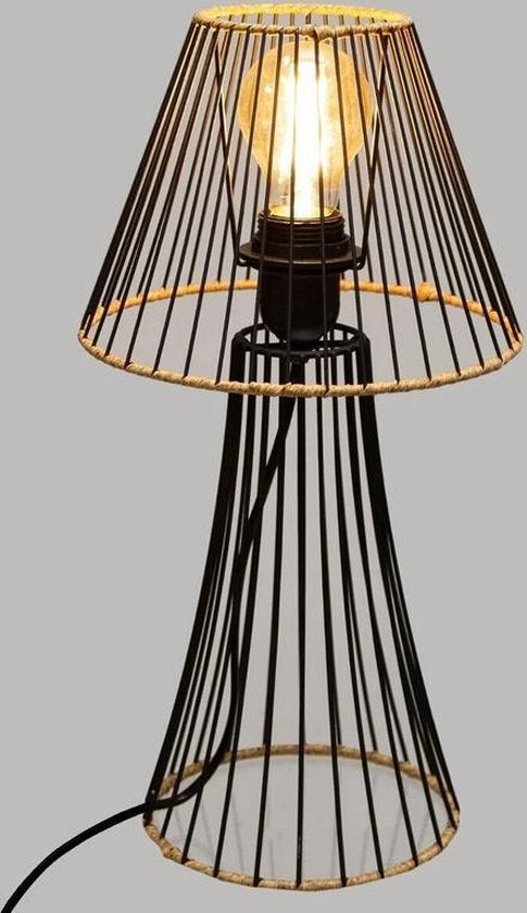 Lampe de table fil d'acier noir avec rotin hauteur 38,5 cm