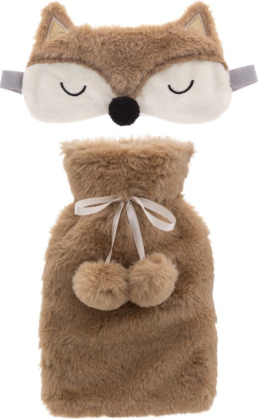 Coffret cadeau bouillotte et masque de sommeil super doux et moelleux en forme de renard marron - 15 x 24 cm - Bouillotte pour lit animal