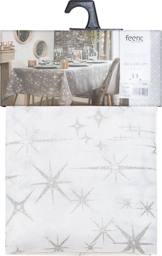 Tablecloth white with silver stars 140 x 240 cm - Party decoration item - Christmas - Christmas tablecloth