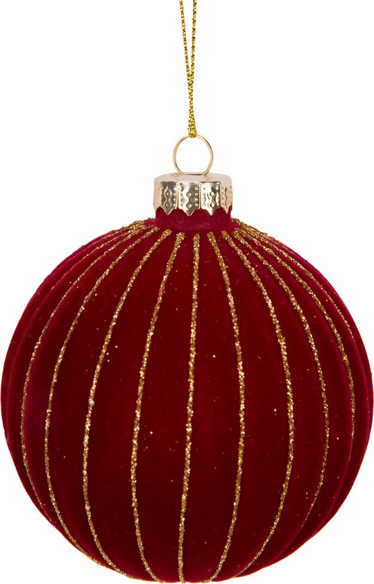 Cosy & Trendy Kerst - Kerstballen - Set van 2 - Glitter - Strepen - Bordeaux - D8cm