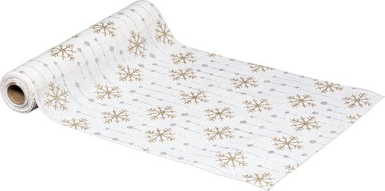 Chemin de table Noël tissu Blanc avec flocons de neige or blanc et gouttes argent - 28 x 300 cm - Chemin de table - Noël