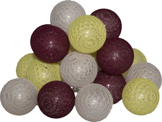 Atmosphera LED Lichtslinger katoen - Cotton Ball - 20 Ballen - Ø6cm - Geel/Bordeaux/Beige