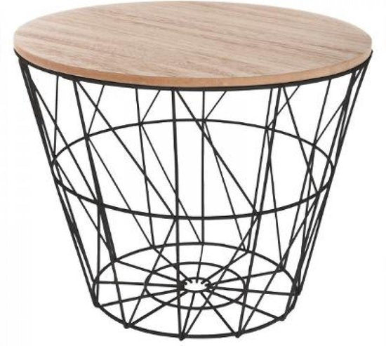 Bijzettafel - Mand - Zwart/ hout - H 30.5 x D 38 cm