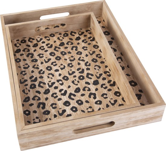 Plateau Léopard Cosy &amp; Trendy - Lot de 2 - Bois naturel - 40x30x5cm