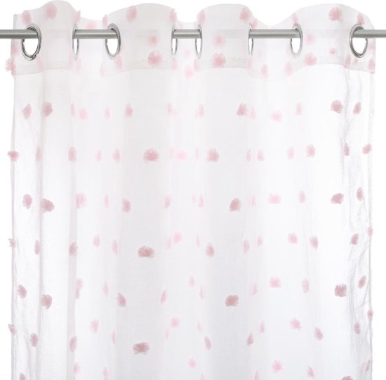 Rideau à Pompons Atmosphera Kids 140x240cm - Prêt à l'emploi avec anneaux - Blanc/Rose avec pompons