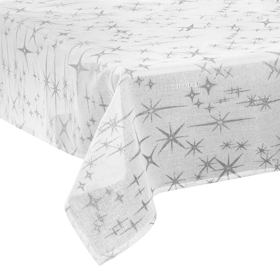 Tablecloth white with silver stars 140 x 240 cm - Party decoration item - Christmas - Christmas tablecloth