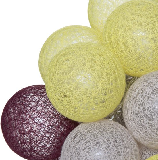 Atmosphera LED Lichtslinger katoen - Cotton Ball - 20 Ballen - Ø6cm - Geel/Bordeaux/Beige