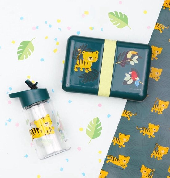 A Little Lovely Company Back to school set - Drinkfles RVS/4 Snackdozen/Lunchbox - Jungle tijger
