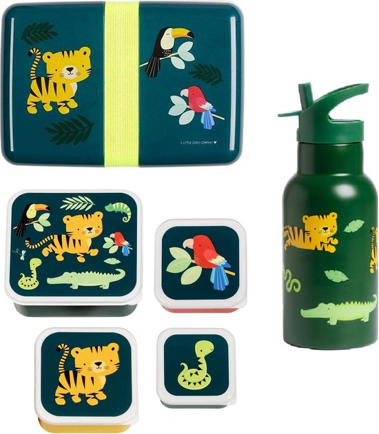 A Little Lovely Company Back to school set - Drinkfles RVS/4 Snackdozen/Lunchbox - Jungle tijger