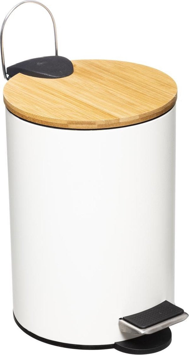 5Five Stylish &amp; Compact Waste Bin 3L with Bamboo Lid - Soft Close - White