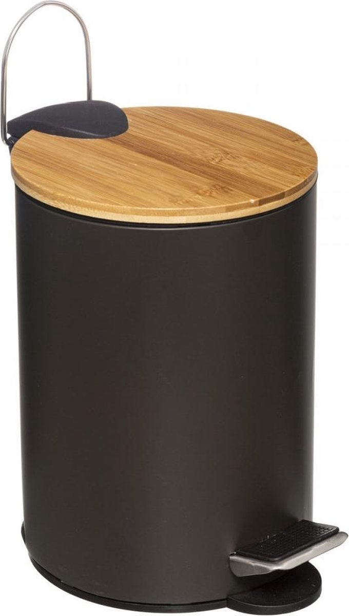 5Five Stylish &amp; Compact Waste Bin 3L with Bamboo Lid - Soft Close - Black