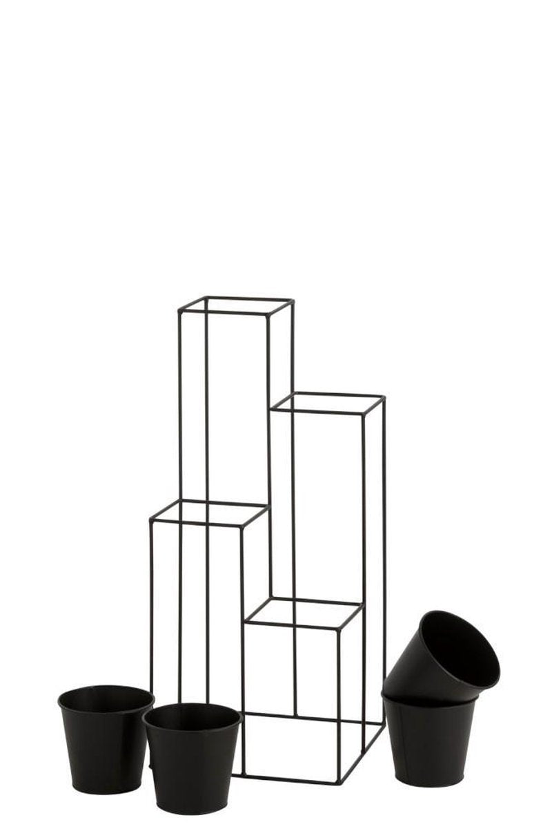 J-Line Rek bloempothouder S 31x31x70cm - 4 potten - Zwart