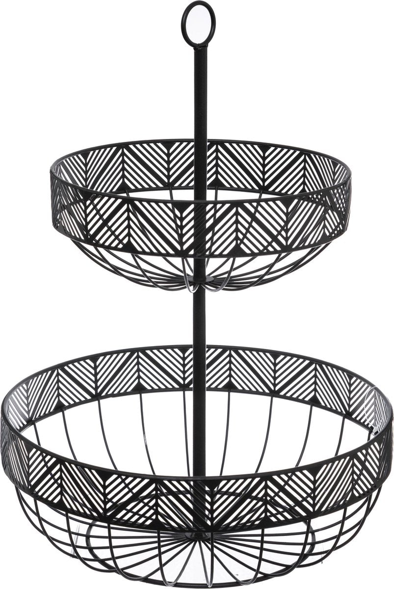 Dubbele etagere fruitschaal/fruitmand rond zwart metaal 30 x 42 cm - Fruitschalen/fruitmanden - Draadmand van metaal
