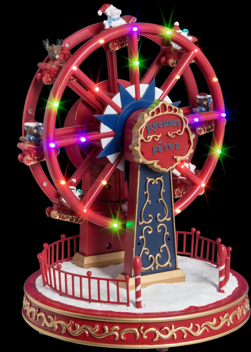 Kerstdorp - Kersthuisje met verlichting - Kermis - Carrousel - Draaimolen - Rad - LED - Beweging - Muziek
