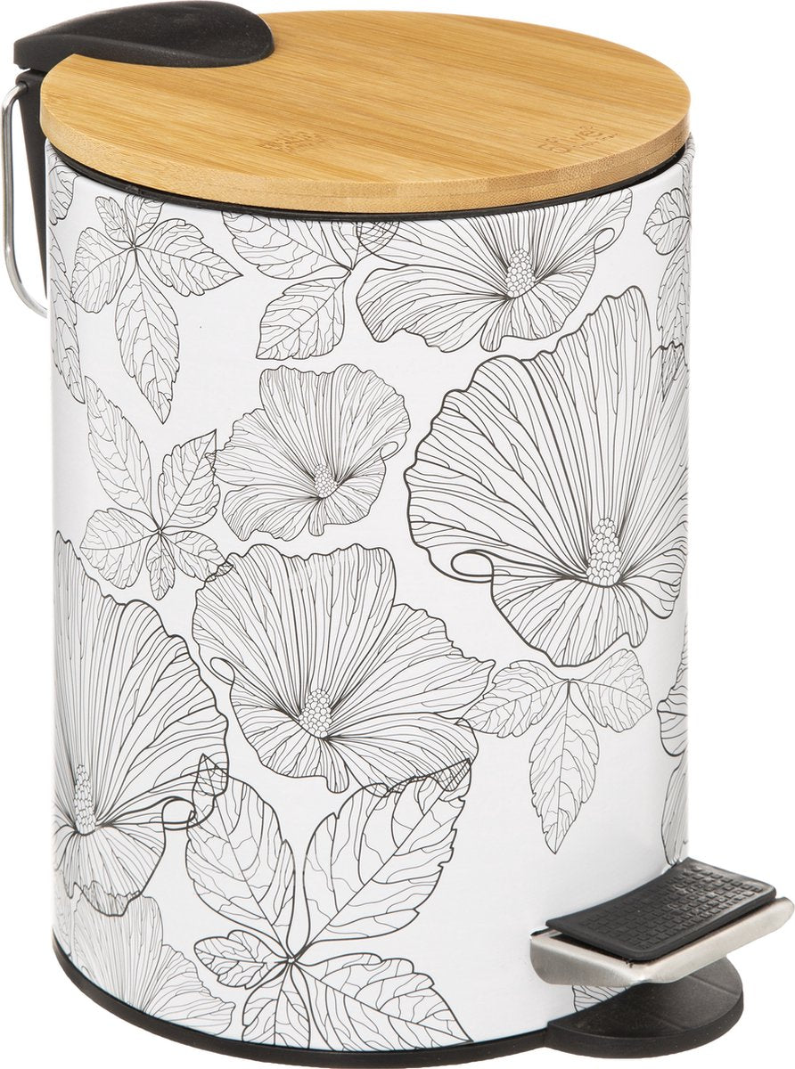 5Five Stylish &amp; Compact Waste Bin 3L with Bamboo Lid - Soft Close - Black Flora